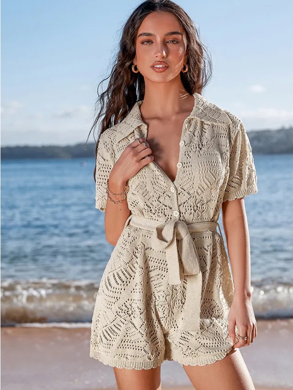 Khaki Crochet Collared Short Sleeve Romper